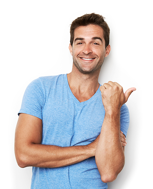 Man smiling and pointing